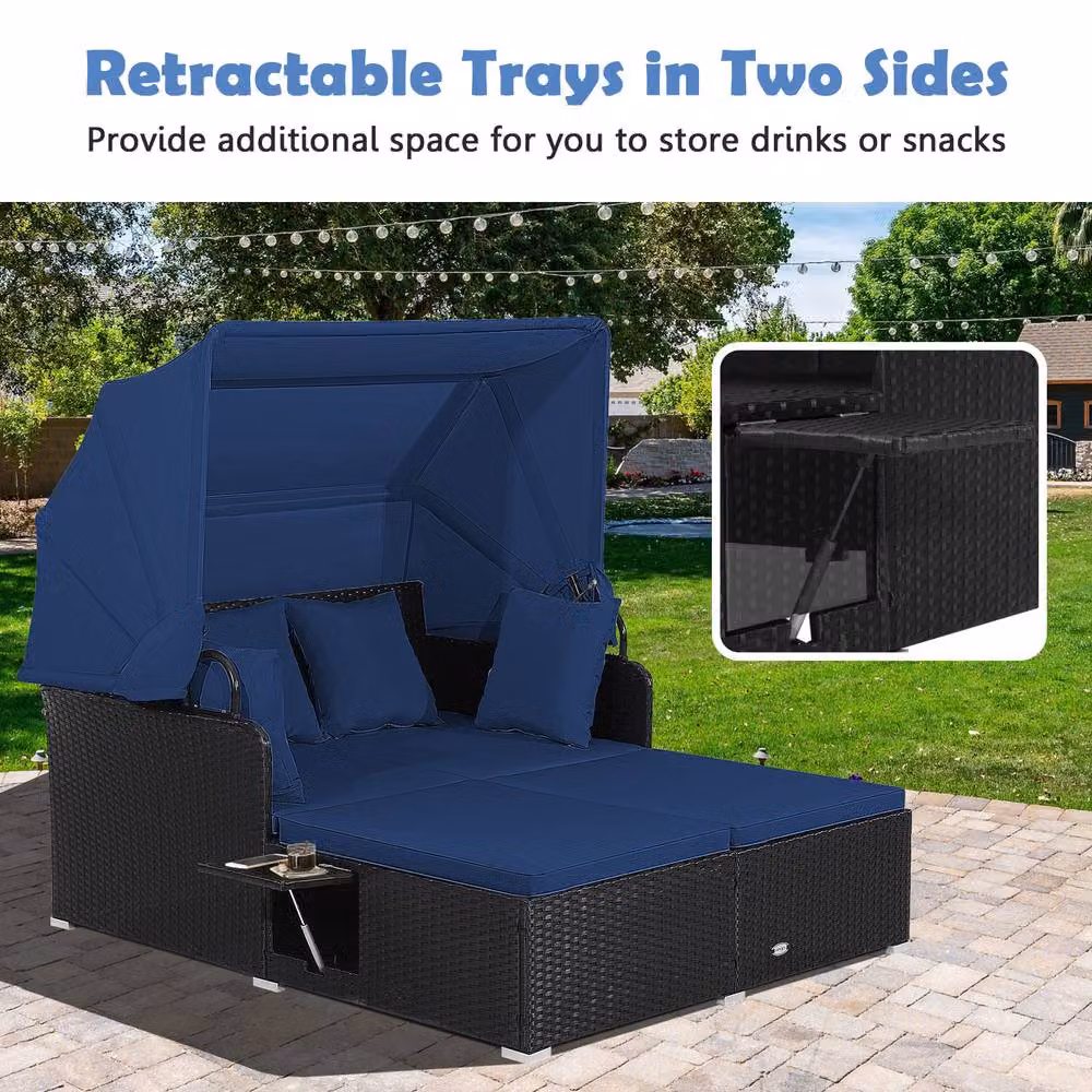 Costway Blue PE Rattan Wicker Daybed with Retractable Canopy for 2 Adults – 8