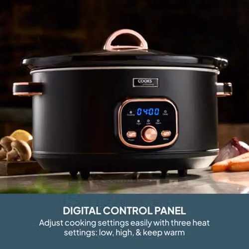 Cooks Professional Digital Slow Cooker 6.5L with Glass Lid and Dishwasher Safe Ceramic Bowl, Black and Rose Gold – 2
