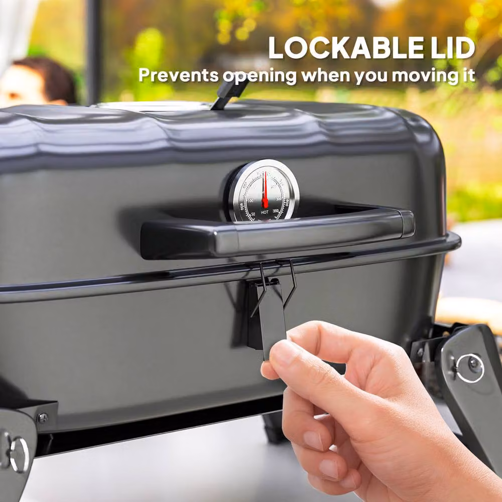 Rolipo Black Folding Charcoal Kettle BBQ Grill with Thermometer and Warming Rack – 9