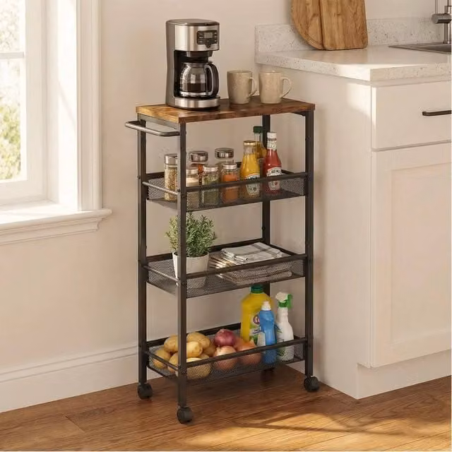KORVIXA 4-Tier Industrial Metal Trolley in Brown, W/D/H: 100 x 100 x 77 cm – 1