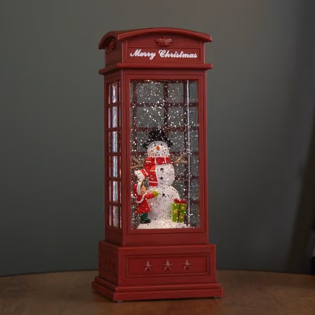 Samuel Alexander Red Christmas Phone Box Water Spinner with Snowman Scene and LED Lights, 25 cm