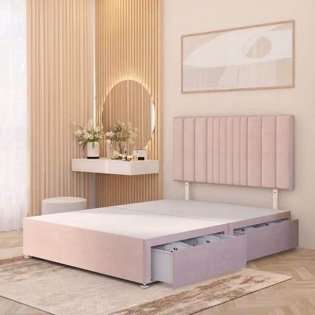 Somnior Beds Ltd Arizona Plush Velvet Divan Bed Base with Drawers and Headboard, Pink, W: 140 cm, D: 200 cm