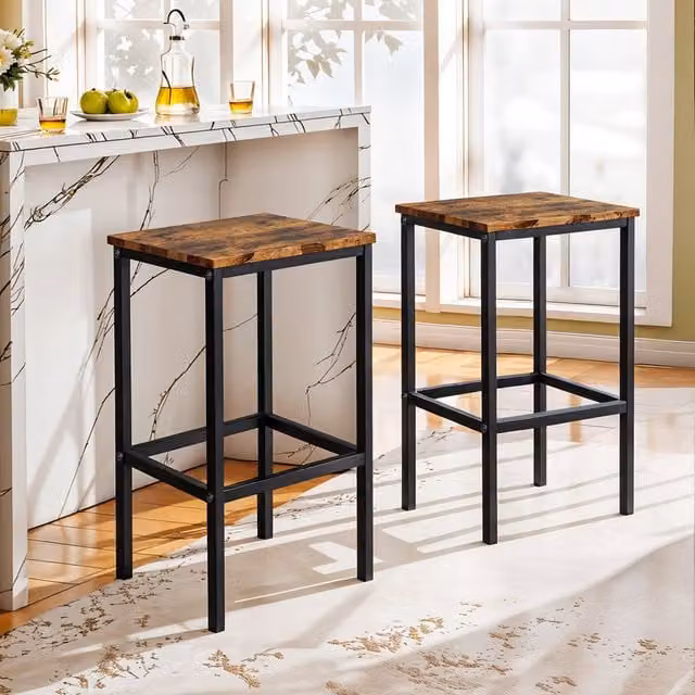 Komore Set of 2 Modern Rectangular Bar Stools in Brown with Metal Frame