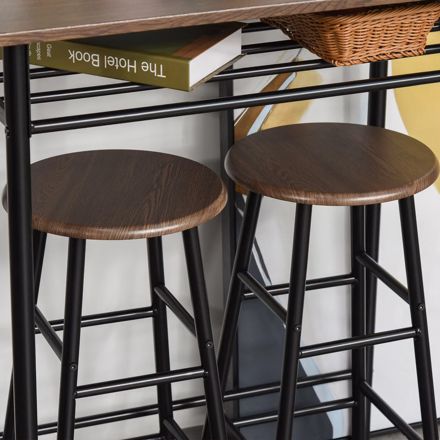 HOMCOM Bar Table and Stools Set with Metal Frame, Footrest and Storage Shelf in Black and Oak – 5