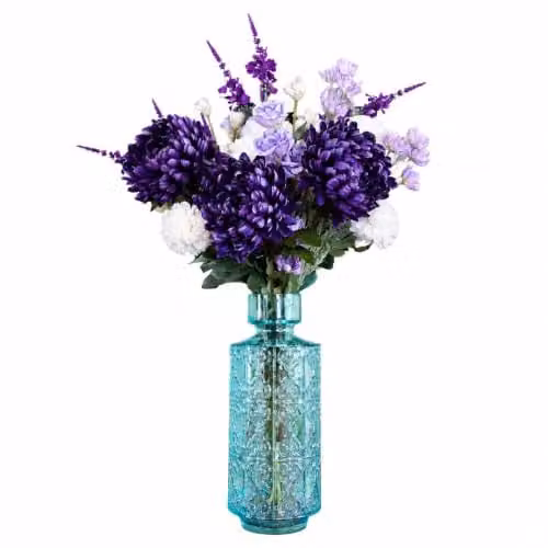 Leaf Design UK Mixed Floral Artificial Flower Display with Glass Vase in Turquoise, White and Purple – 1