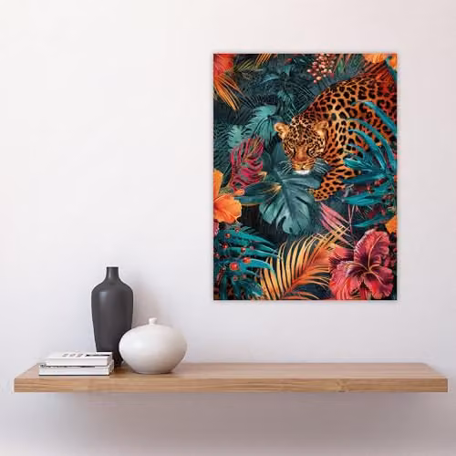 Artery8 Fierce Leopard Exotic Floral Jungle Plants Large Wall Art Poster Print, Multicolour, W: 45.7 cm x H: 61.0 cm – 4