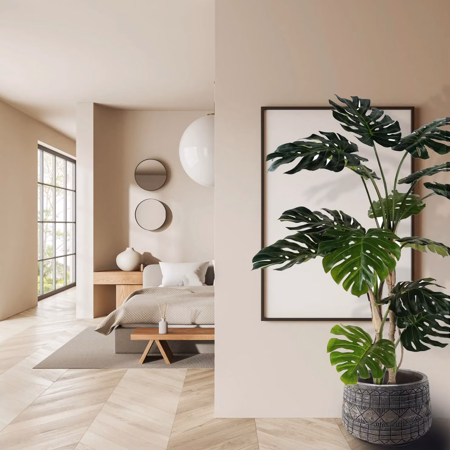 Pegdev 150cm Artificial Monstera Plant with Large Rustic Green Fibreglass Planter – 3