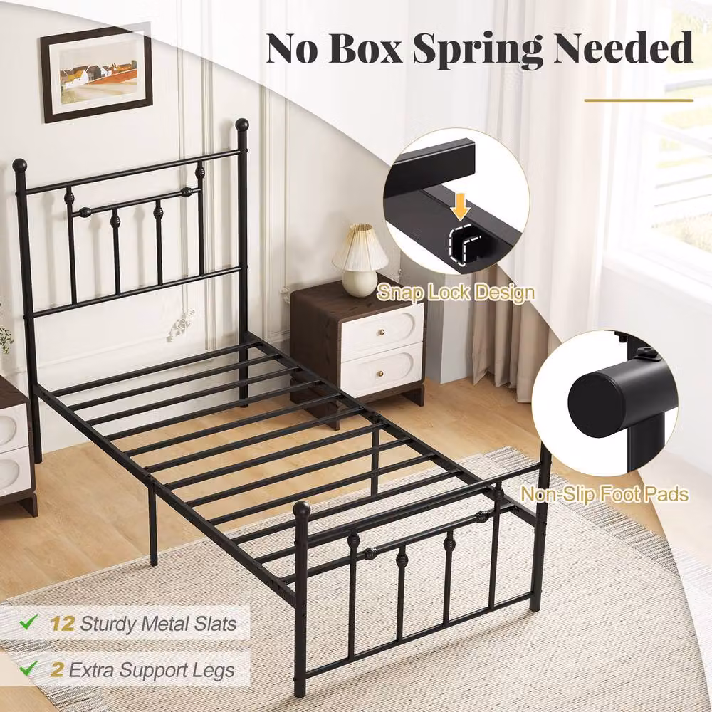 Costway Single Metal Bed Frame with Metal Slats, Black, W/D/H: 90 x 200 cm – 4