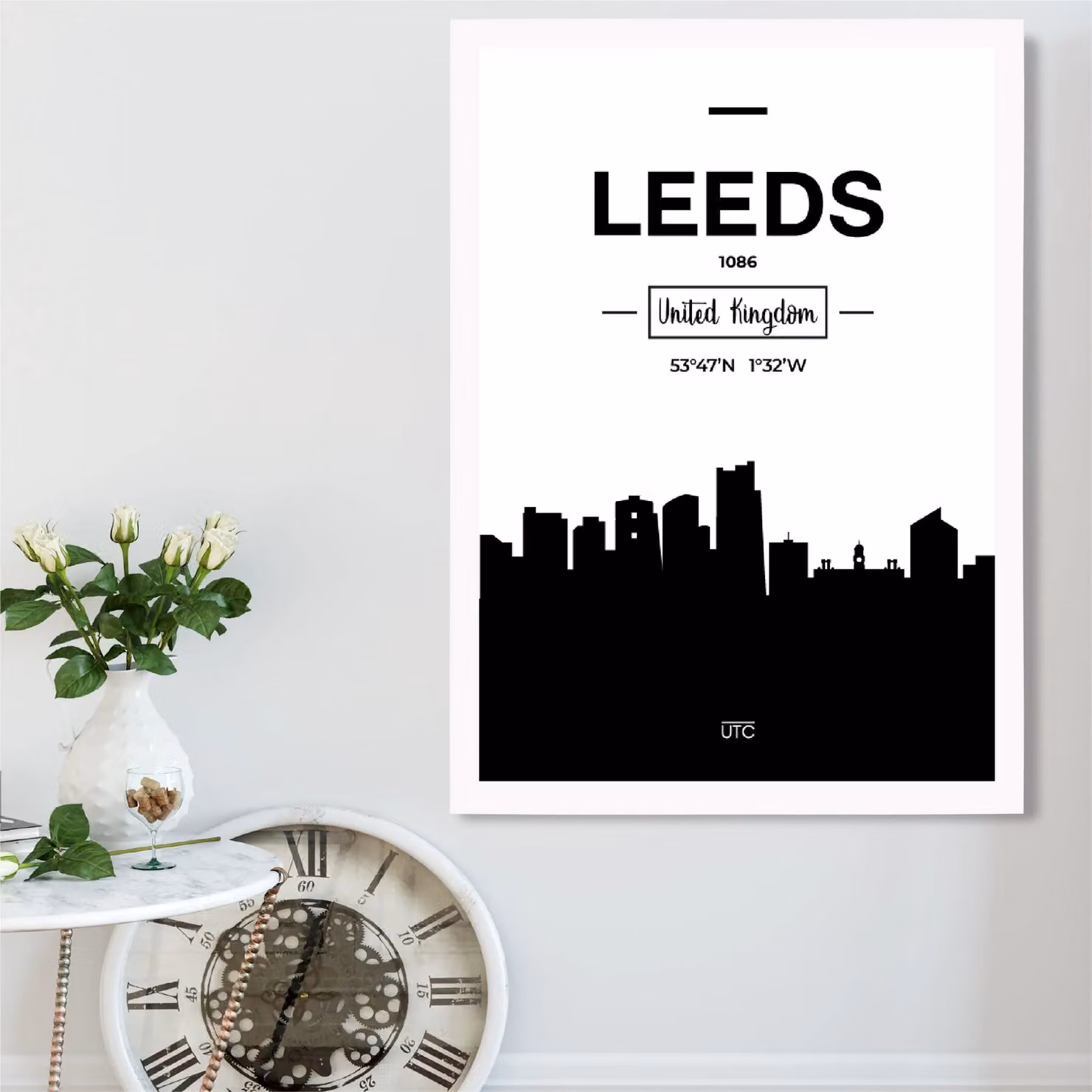 ARTZE Leeds Black and White City Skyline Framed Print, White Frame, W: 21.0 cm, H: 29.7 cm – 2