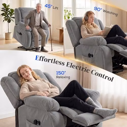 HOMCOM Grey Fabric Recliner Armchair with Motorised Lift Assist, Massage and Heat Functions – 4
