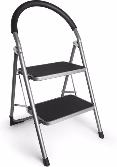 VonHaus Foldable 2 Step Metal Ladder with Handle in Silver