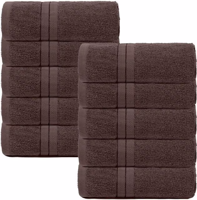 OHS 10 Pack of Fluffy 100% Cotton Bathroom Hand Towels in Brown