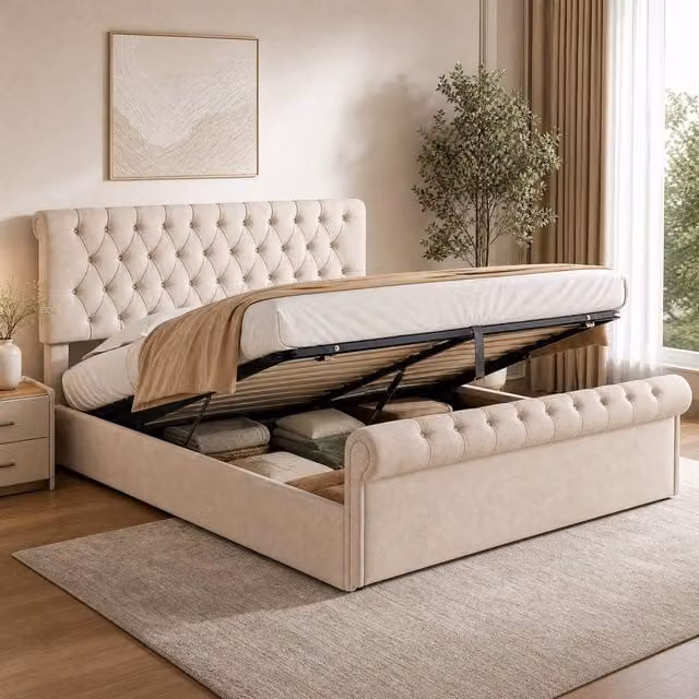 STILVORA King Size Upholstered Storage Bed in Beige Velvet with Lift Up Base, W/D/H: 180 x 200 cm