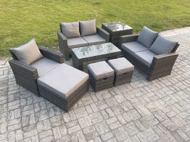 Fimous Outdoor Rattan Garden Lounge Set in Grey with 2 Seater Sofa, Coffee Table and Ottoman