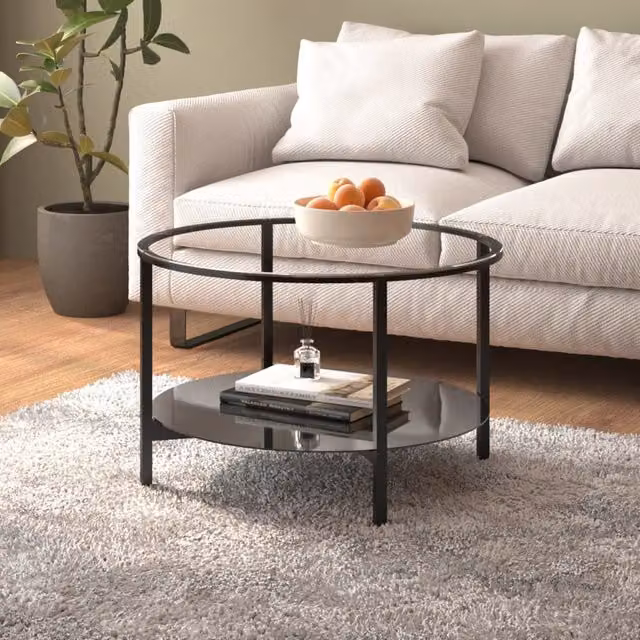 Berkfield Home Modern Round Tea Table with Black and Transparent Tempered Glass Top, Diameter: 70 cm
