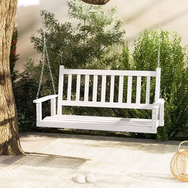 Costway 2-Person Wooden Garden Swing Bench with Slatted Back and Armrests in White – 1