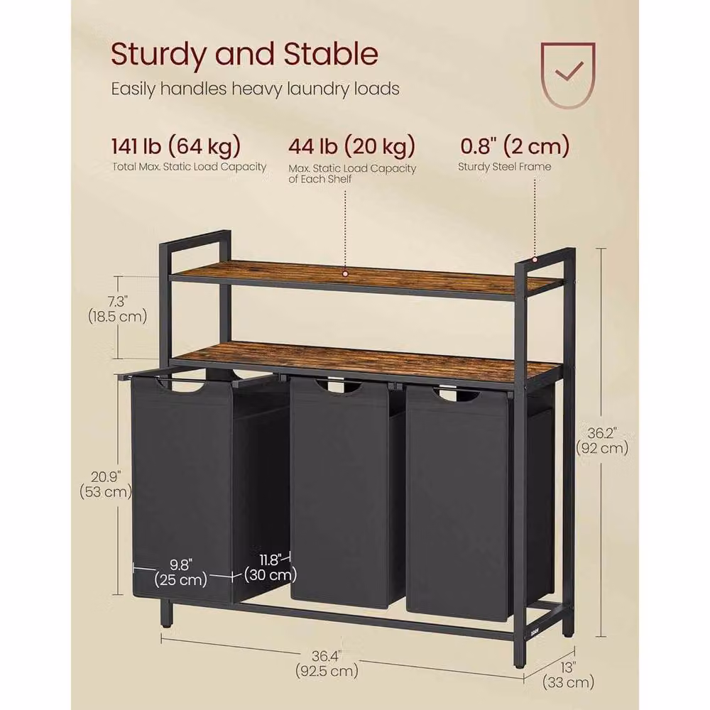 The Bazaarist 3 Bag Laundry Sorter with Pull Out Hampers and Shelves, Brown and Black – 3