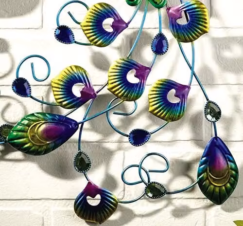 MySmartBuy Peacock Wall Decor, Multicolour Metal and Glass Animal Ornament, W: 58 cm, H: 52 cm, D: 1 cm – 3