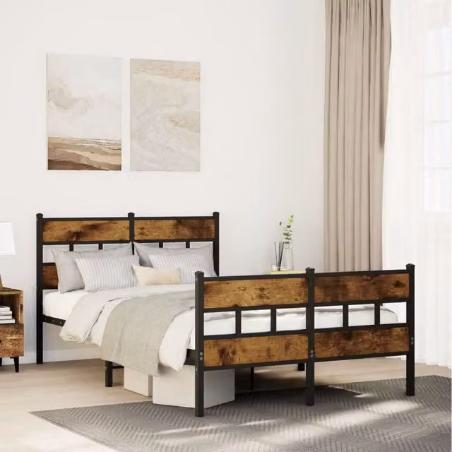Berkfield Home Metal Bed Frame in Smoked Oak Brown, W/D/H: 120 x 200 cm