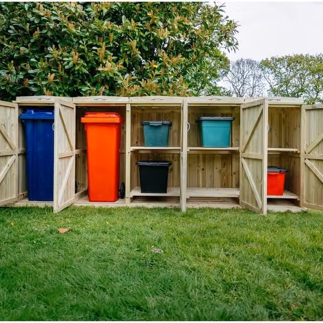 Buttercup Farm Shireburn Bin Store in Brown, Fits 2x 180L/240L Wheelie Bins and 6x Boxes, W/D/H: 149 x 80.4 x 120 cm – 1