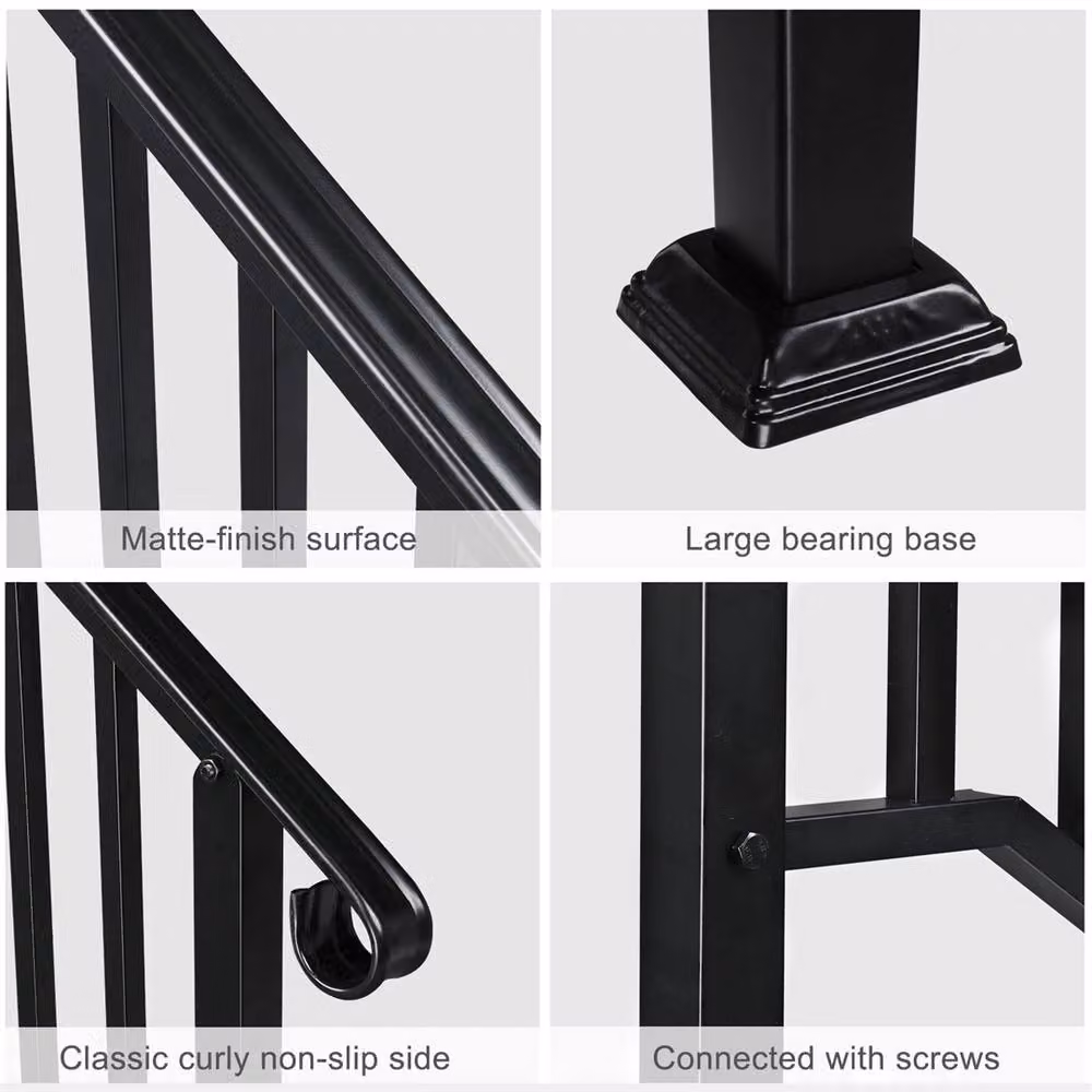 SPETLEK Black Iron Step Handrail for 4 to 5 Steps, Matt Round Steel Stair Railing for Outdoor Decks – 3