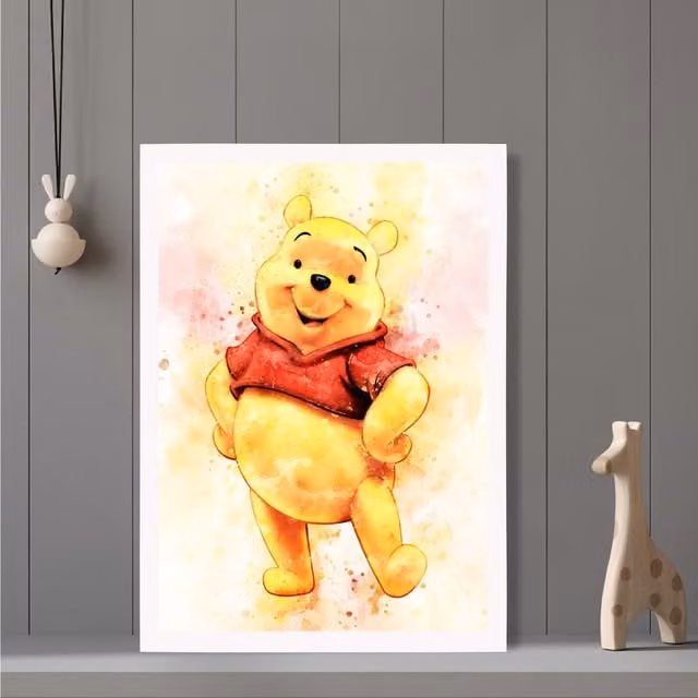 ARTZE Winnie the Pooh Watercolour Art Print with White Frame, Yellow and Multicolour, A3 – 1