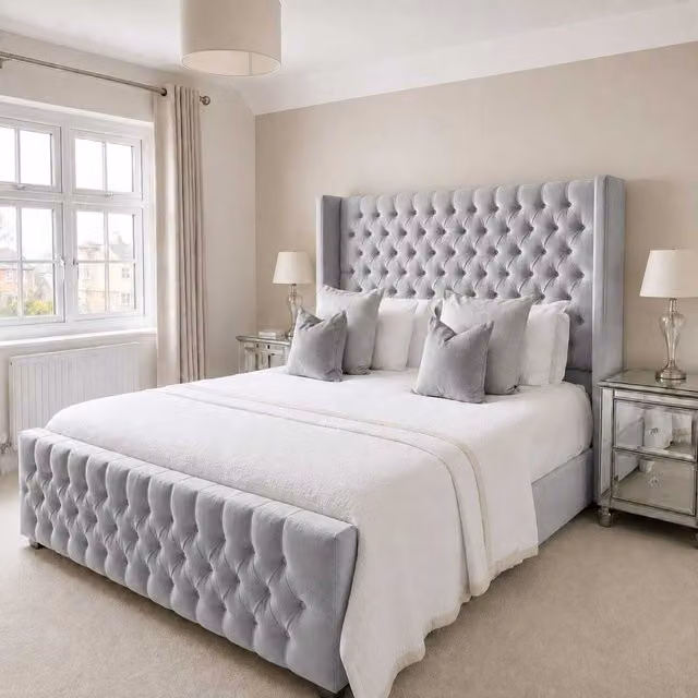 Bellavita Gas Lift Storage Bed with Chesterfield Tufted Velvet Headboard in Silver