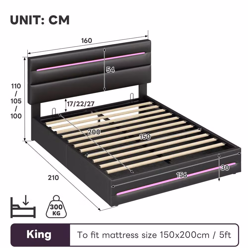 STILVORA King Size Ottoman Bed with Under-Bed LED Lighting and USB Charging Ports in Black – 2