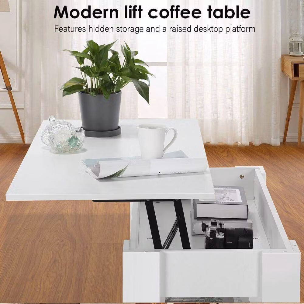 EONLION Modern White Rectangular Coffee Table with Lift Top Storage and Drawer, W: 100 cm, D: 60 cm – 4