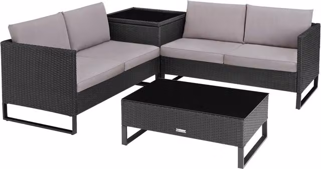 tectake Ostuni Modern Rattan Garden Set in Black with 4 Seats, 1 Table and 1 Storage Box