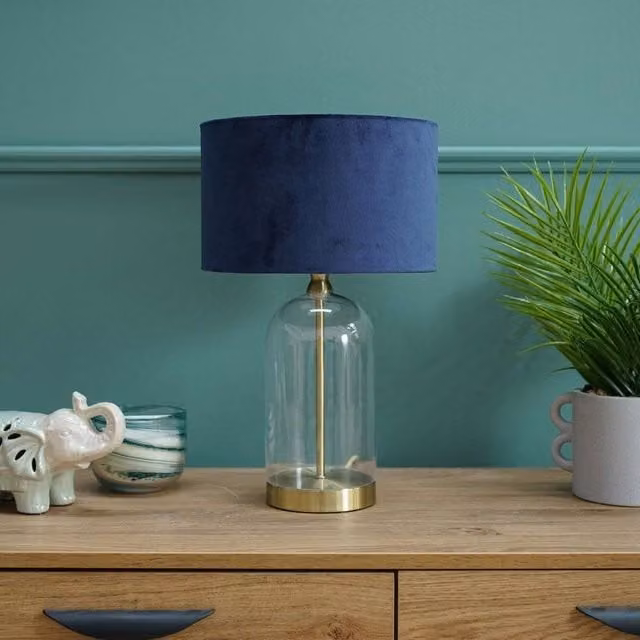 ValueLights Jessy Gold Glass Table Lamp with Navy Blue Fabric Shade
