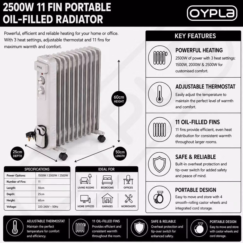 Oypla 11 Fin Portable Oil Filled Radiator Electric Heater in White – 3