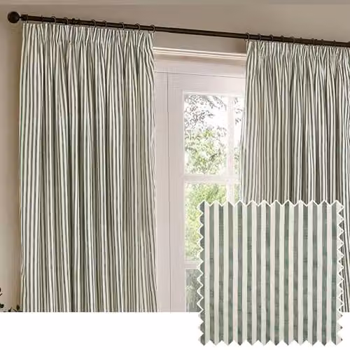 Riva Home Striped Semi-Transparent Pencil Pleat Curtain Pair, Green, W: 168 cm, H: 229 cm