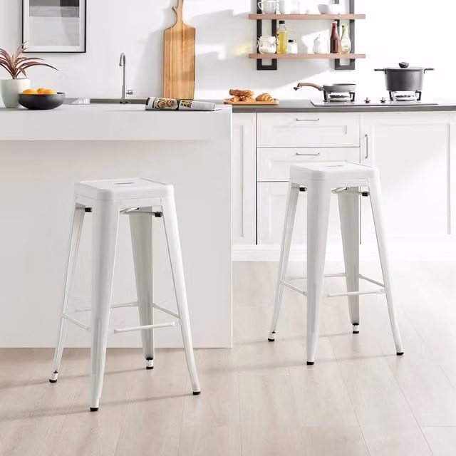 FurnitureboxUK Set of 2 Colton Industrial Style Metal Stackable Kitchen Bar Stools in White