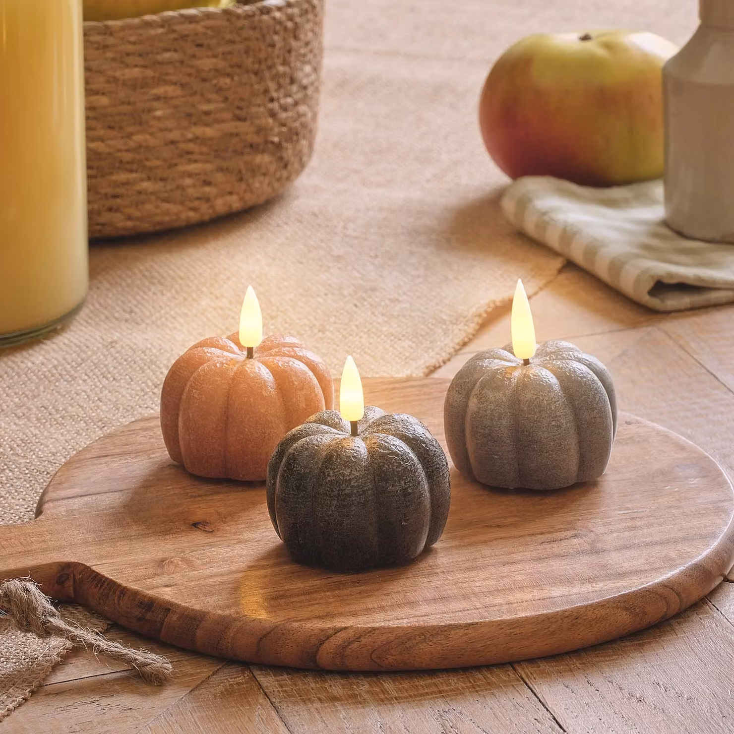 TruGlow® Set of 3 Mini Distressed Pumpkin LED Candles in Orange with Remote Control, Timer and Flicker Effect