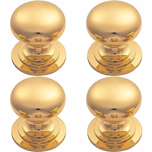 Loops 4 Pack Victorian Round Cupboard Door Knob, Polished Brass, Diameter: 25 mm
