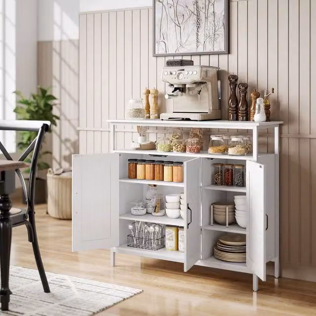 HOMCOM Industrial Kitchen Sideboard with Open Shelf and 2 Cabinets, White – 1