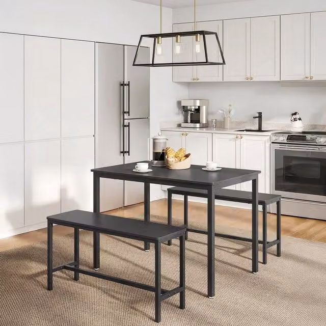 VASAGLE Industrial Dining Set with Rectangular Table and 2 Benches, Black and Brown