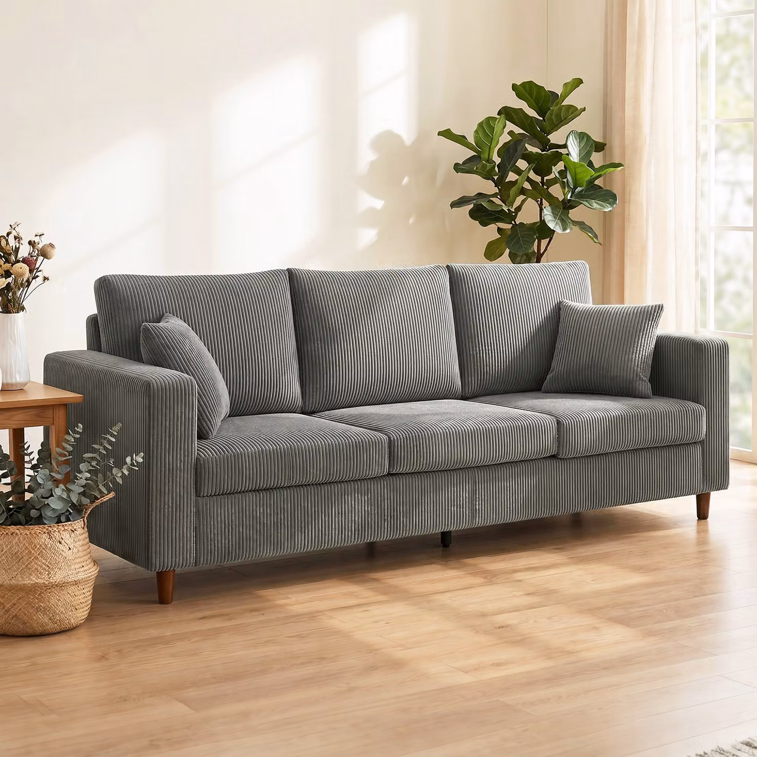 HOMCOM 3 Seater Corduroy Fabric Sofa in Light Grey with Deep Seats and Spring Cushions – 2