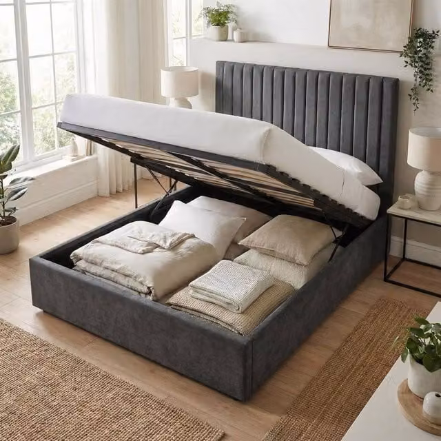 FWStyle Sollom King Size Ottoman Lift Up Ribbed Tall Bed Frame in Grey – 1