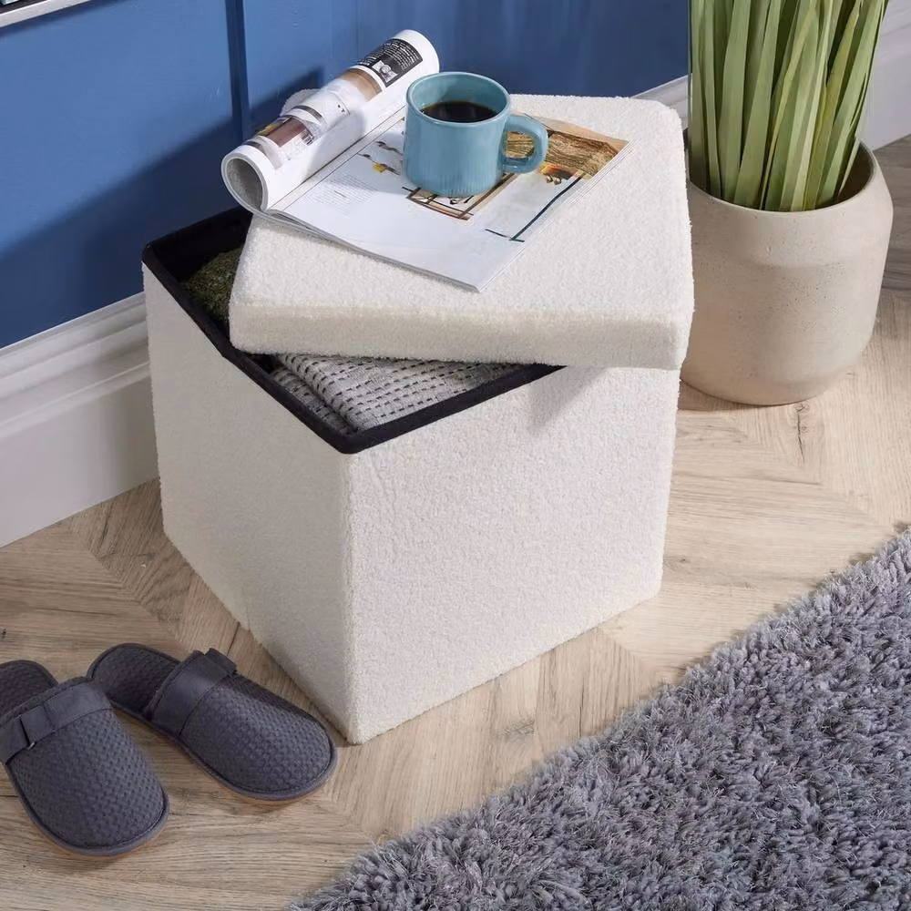 FORGEVIO Folding Ottoman Chest in White Fabric with MDF Core, W/D/H: 38.0 x 38.0 x 38.0 cm – 3