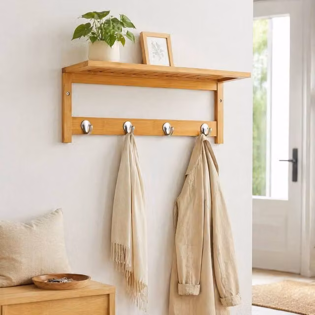 STILVORA Wall-Mounted Coat Rack with Shelf and 4 Hooks in Brown – 1