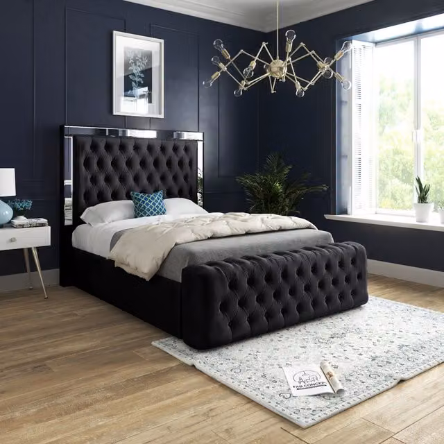 KDMD Gemia Soft Velvet Upholstered Mirror Bed Frame in Black and Silver, 180 x 200 cm