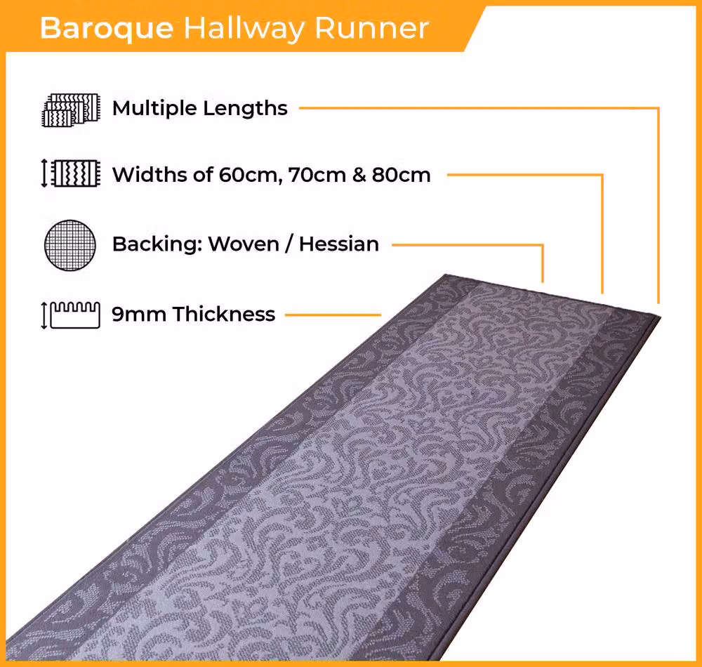 runrug Baroque Hallway Carpet Runner Rug in Black, W: 80 cm, L: 270 cm – 2