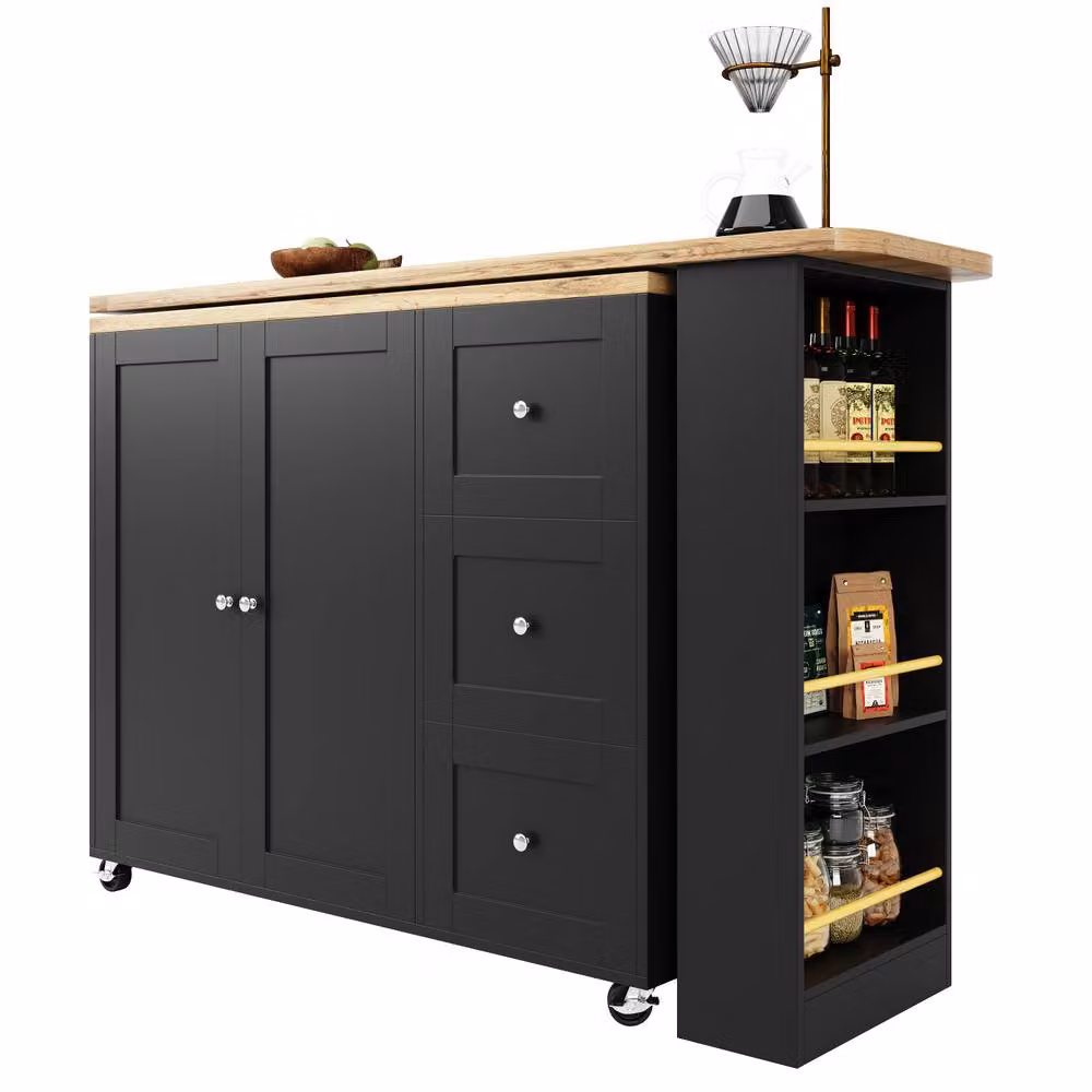 ModernLuxe Extendable Kitchen Island Bar Table with Storage Shelves in Black – 10