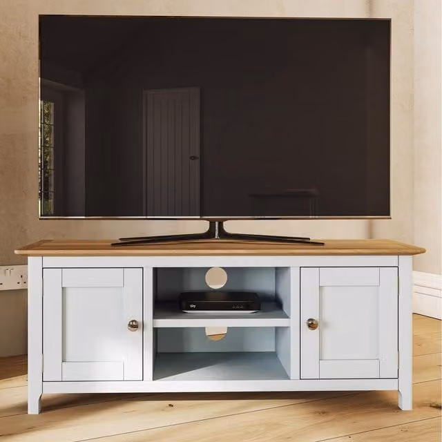 FWStyle Oak Effect 2 Door 1 Shelf TV Unit with Cream Linen Doors