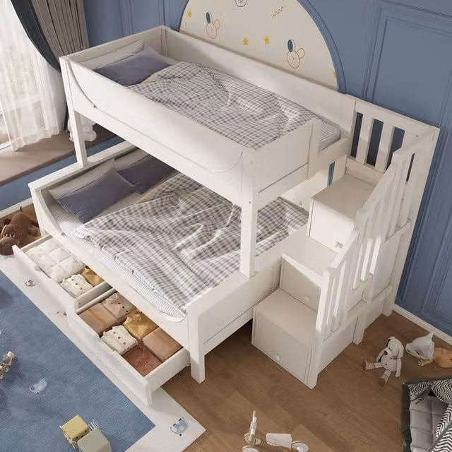 Merax Single Over Double Bunk Beds for Children with Drawers and Stairs, White