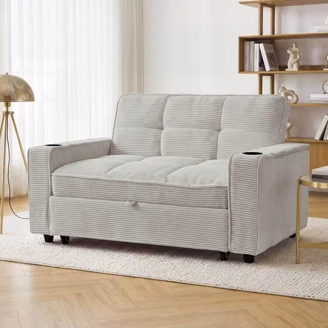 Merax 2 Seater Corduroy Convertible Pull Out Sofa Bed with LED Lighting, Cup Holders and Storage in Grey – 1