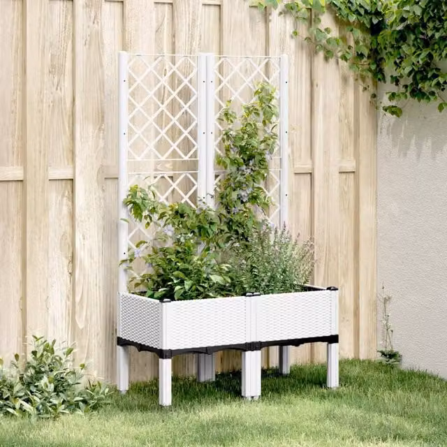 Berkfield Home Garden Planter with Trellis in White, W/D/H: 80 x 40 x 142 cm