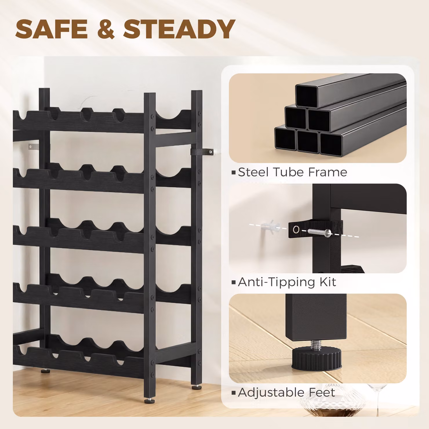 HOMCOM Industrial 5-Tier Freestanding Wine Rack and Liquor Cabinet in Black – 6